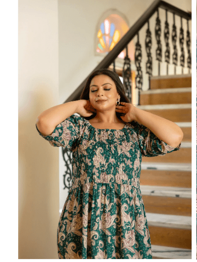 Plus size Green Cotton Printed Kurti Gown - BONYHUBSALWAR KAMEEZ