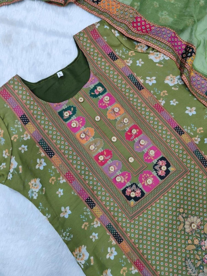 Plus Size Green Jaipuri Print Mirror Work Salwar Suit Set - BONYHUBSALWAR KAMEEZ