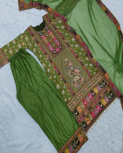 Plus Size Green Jaipuri Print Mirror Work Salwar Suit Set - BONYHUBSALWAR KAMEEZ