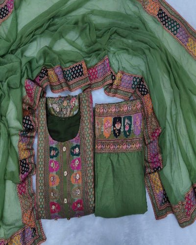 Plus Size Green Jaipuri Print Mirror Work Salwar Suit Set - BONYHUBSALWAR KAMEEZ