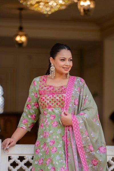 Plus size Green Pink Floral Printed Kurti Dupatta Set of 2 UK Next Day - BONYHUBSALWAR KAMEEZ