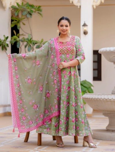 Plus size Green Pink Floral Printed Kurti Dupatta Set of 2 UK Next Day - BONYHUBSALWAR KAMEEZ