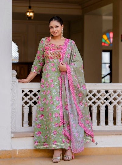 Plus size Green Pink Floral Printed Kurti Dupatta Set of 2 UK Next Day - BONYHUBSALWAR KAMEEZ