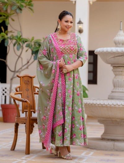 Plus size Green Pink Floral Printed Kurti Dupatta Set of 2 UK Next Day - BONYHUBSALWAR KAMEEZ