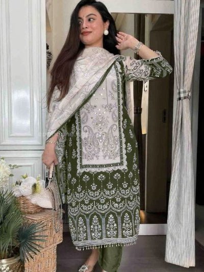 Plus Size Green Printed Handwork Chinon Straight Suit Set - BONYHUBSALWAR KAMEEZ