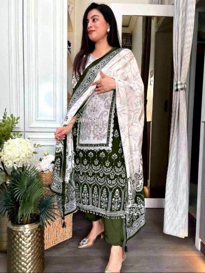 Plus Size Green Printed Handwork Chinon Straight Suit Set - BONYHUBSALWAR KAMEEZ