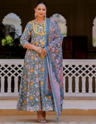 Plus size Grey Cotton Floral Printed Kurti Dupatta Set of 2 - BONYHUBSALWAR KAMEEZ