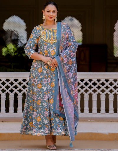 Plus size Grey Cotton Floral Printed Kurti Dupatta Set of 2 - BONYHUBSALWAR KAMEEZ