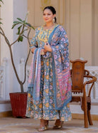 Plus size Grey Cotton Floral Printed Kurti Dupatta Set of 2 - BONYHUBSALWAR KAMEEZ