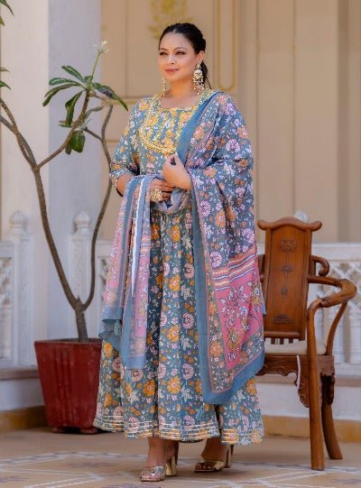 Plus size Grey Cotton Floral Printed Kurti Dupatta Set of 2 - BONYHUBSALWAR KAMEEZ