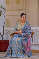 Plus size Grey Cotton Floral Printed Kurti Dupatta Set of 2 - BONYHUBSALWAR KAMEEZ