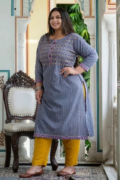 Plus Size Grey Pink Cotton Straight Kurti - BONYHUBSALWAR KAMEEZ