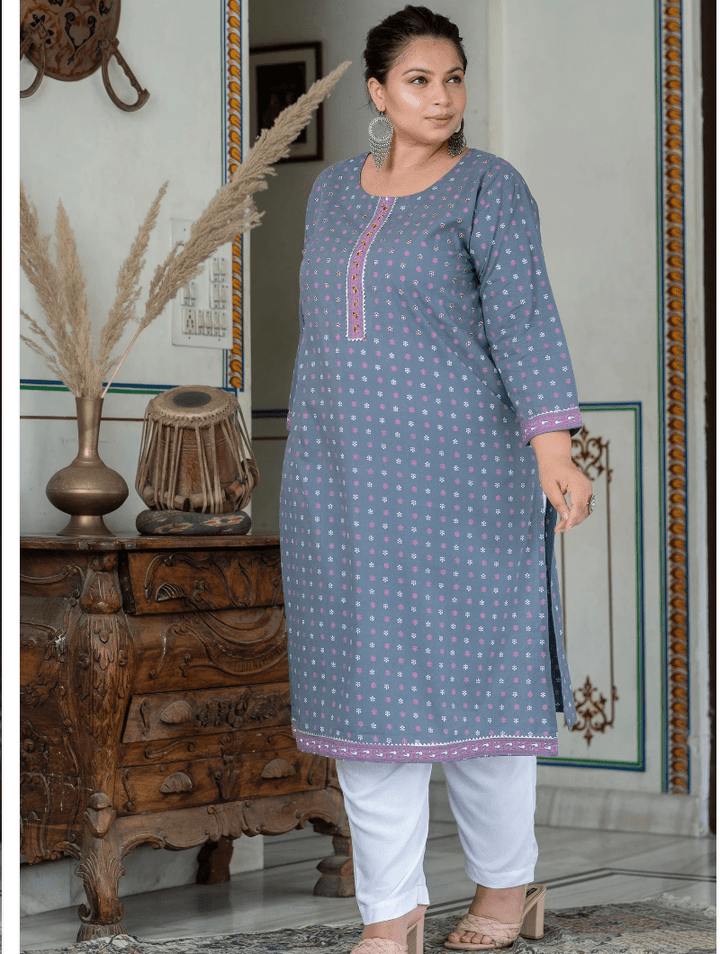 Plus Size Grey Pure Cotton Straight Kurti - BONYHUBSALWAR KAMEEZ