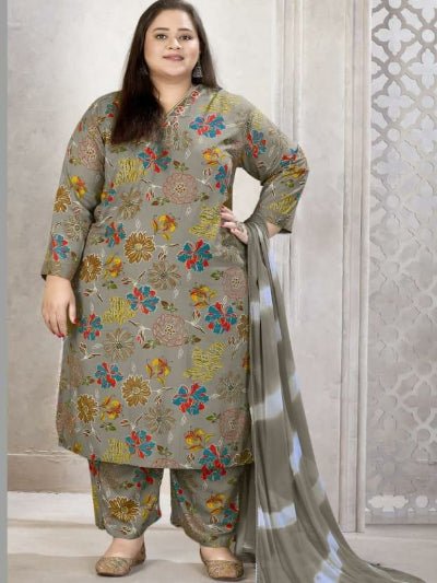Plus Size Grey Rayon Straight Salwar Suit - BONYHUBSALWAR KAMEEZ