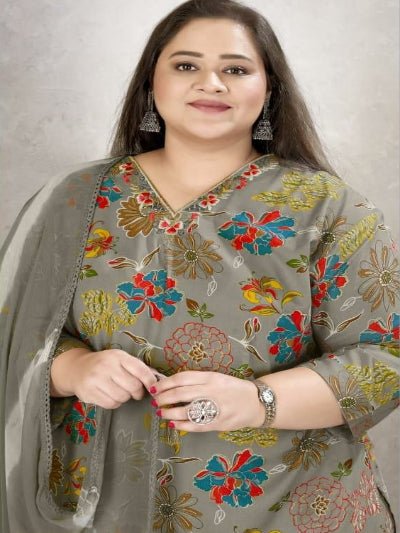 Plus Size Grey Rayon Straight Salwar Suit - BONYHUBSALWAR KAMEEZ