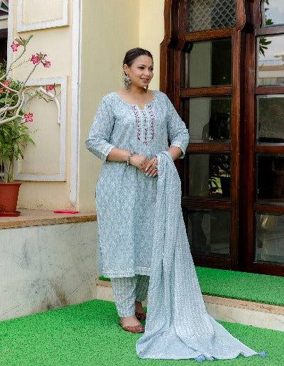 Plus Size Light Blue Cotton Salwar Suit Set - BONYHUBSALWAR KAMEEZ