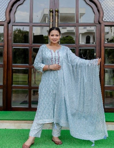 Plus Size Light Blue Cotton Salwar Suit Set - BONYHUBSALWAR KAMEEZ