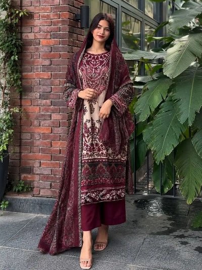 Plus Size Maroon Embroidered Muslin Asian Ethnic Wear Suit UK - BONYHUBSALWAR KAMEEZ