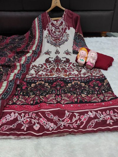 Plus Size Maroon Embroidered Muslin Asian Ethnic Wear Suit UK - BONYHUBSALWAR KAMEEZ