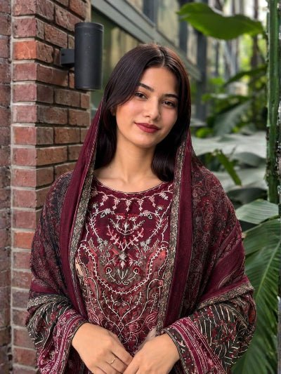 Plus Size Maroon Embroidered Muslin Asian Ethnic Wear Suit UK - BONYHUBSALWAR KAMEEZ
