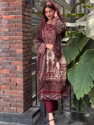 Plus Size Maroon Embroidered Muslin Asian Ethnic Wear Suit UK - BONYHUBSALWAR KAMEEZ