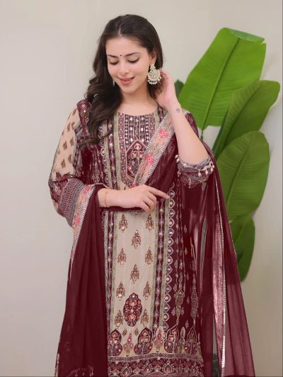 Plus Size Maroon Jaipuri Print Mirror Work Salwar Suit - BONYHUBSALWAR KAMEEZ