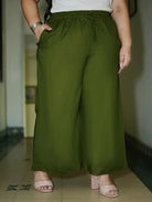 Plus size Mehandi Green Rayon Wide Leg Palazzo - BONYHUBSALWAR