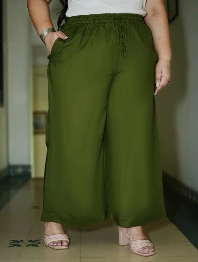 Plus size Mehandi Green Rayon Wide Leg Palazzo - BONYHUBSALWAR