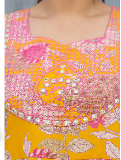 Plus size Mustard Embroidered Anarkali Kurta & Dupatta Set - BONYHUBSALWAR KAMEEZ