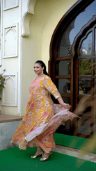 Plus size Mustard Embroidered Anarkali Kurta & Dupatta Set - BONYHUBSALWAR KAMEEZ