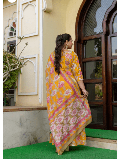 Plus size Mustard Embroidered Anarkali Kurta & Dupatta Set - BONYHUBSALWAR KAMEEZ