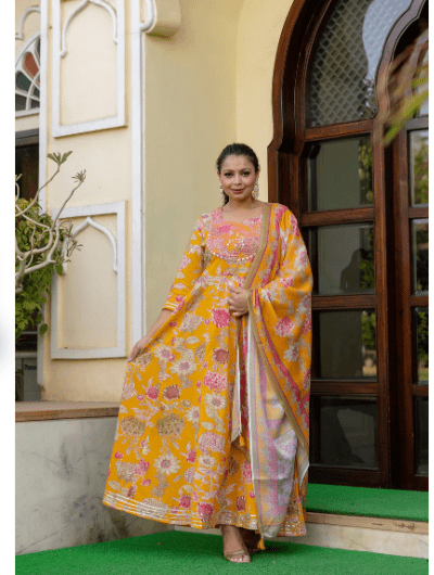 Plus size Mustard Embroidered Anarkali Kurta & Dupatta Set - BONYHUBSALWAR KAMEEZ