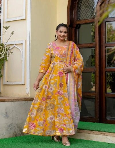 Plus size Mustard Embroidered Anarkali Kurta & Dupatta Set UK Next Day - BONYHUBSALWAR KAMEEZ