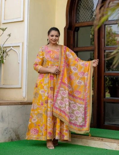 Plus size Mustard Embroidered Anarkali Kurta & Dupatta Set UK Next Day - BONYHUBSALWAR KAMEEZ