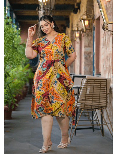 Plus Size Mustard Multicolor Cotton Printed Dress - BONYHUBSALWAR KAMEEZ