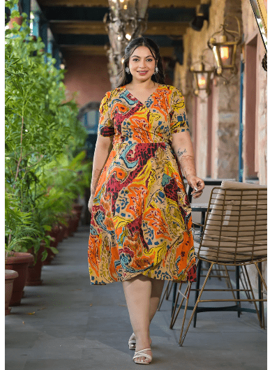Plus Size Mustard Multicolor Cotton Printed Dress - BONYHUBSALWAR KAMEEZ