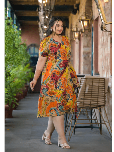 Plus Size Mustard Multicolor Cotton Printed Dress - BONYHUBSALWAR KAMEEZ