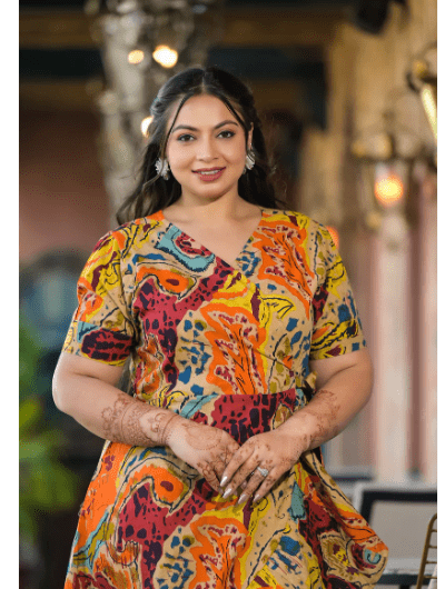 Plus Size Mustard Multicolor Cotton Printed Dress - BONYHUBSALWAR KAMEEZ