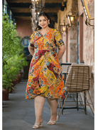 Plus Size Mustard Multicolor Cotton Printed Dress - BONYHUBSALWAR KAMEEZ