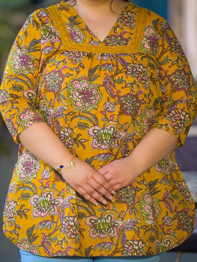 Plus Size Mustard Yellow Floral Print Top - BONYHUBSALWAR KAMEEZ