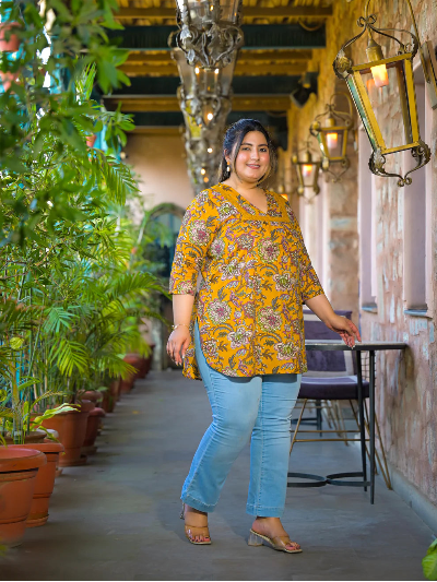 Plus Size Mustard Yellow Floral Print Top - BONYHUBSALWAR KAMEEZ