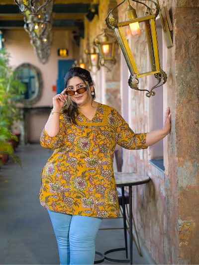 Plus Size Mustard Yellow Floral Print Top - BONYHUBSALWAR KAMEEZ