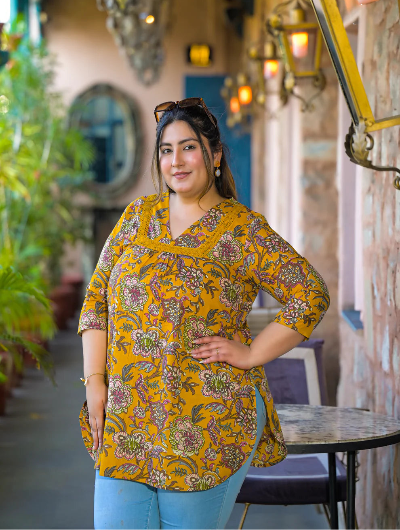 Plus Size Mustard Yellow Floral Print Top - BONYHUBSALWAR KAMEEZ