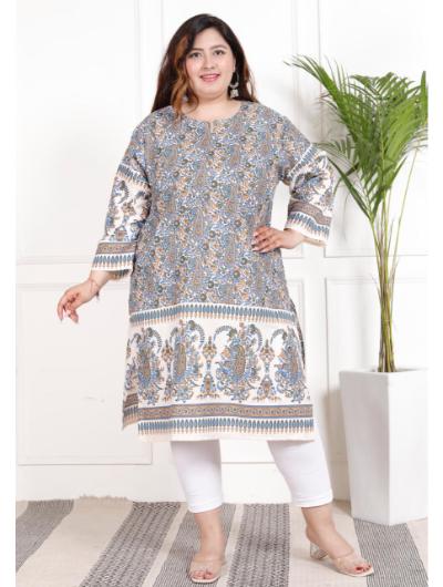 Plus Size Navy Blue Cotton Printed Kurti - BONYHUBSALWAR KAMEEZ