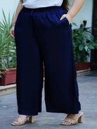 Plus size Navy Blue Rayon Wide Leg Palazzo - BONYHUBSALWAR