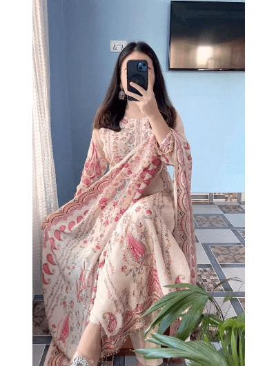 Plus Size Peach Printed Salwar Suit Set - BONYHUBSALWAR KAMEEZ
