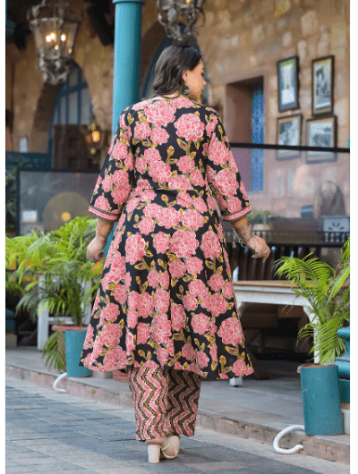 Plus Size Pink Black Floral Anarkali Salwar Suit - BONYHUBSALWAR KAMEEZ