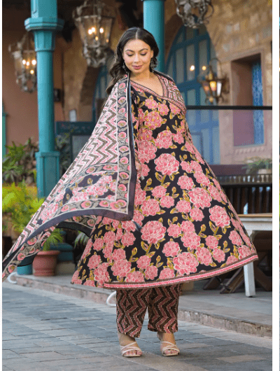 Plus Size Pink Black Floral Anarkali Salwar Suit - BONYHUBSALWAR KAMEEZ