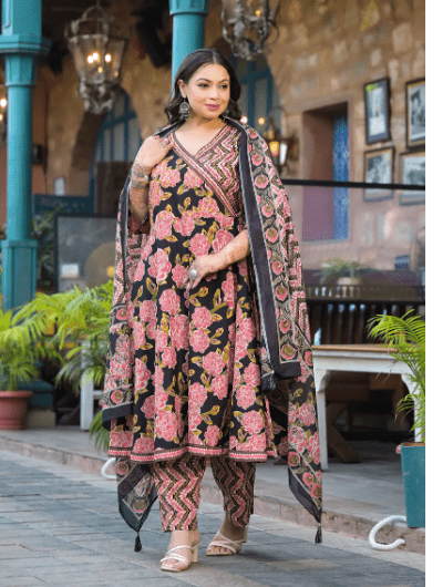 Plus Size Pink Black Floral Anarkali Salwar Suit - BONYHUBSALWAR KAMEEZ
