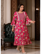 Plus size Pink Cotton Printed Kurti Gown - BONYHUBSALWAR KAMEEZ